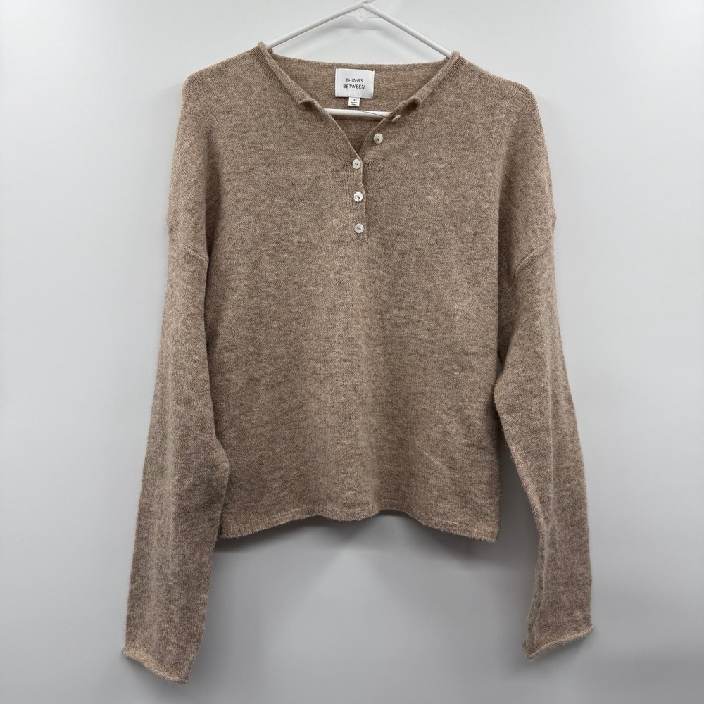 Things Between Henley Sweater S Oatmeal Brushed Knit Button Placket wool blend